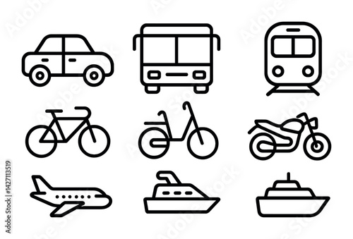 Transportation icon set – line style collection featuring travel and transport symbols: car, bus, train, bicycle, scooter, motorcycle, airplane, ship, boat