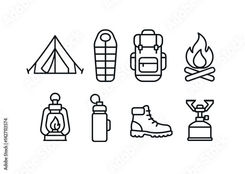 Camping essentials icon set – outline style outdoor adventure symbols for gear and equipment: tent, sleeping bag, backpack, campfire, lantern, hiking boots, portable stove