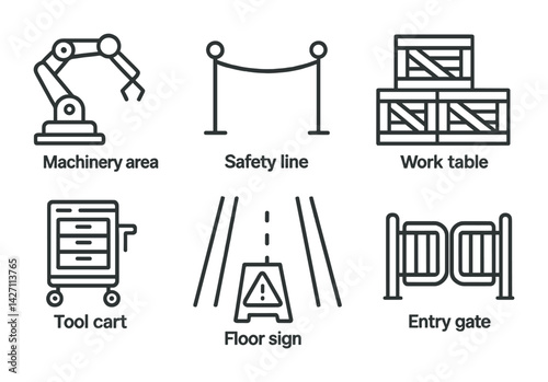 Industrial safety and equipment icon set – linear style workplace protection and facility management symbols: machinery area, safety line, work table, tool cart, floor sign, entry gate