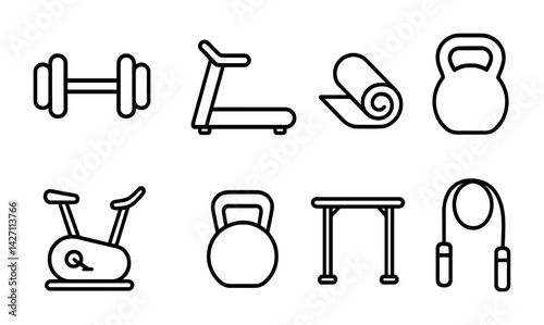 Fitness equipment icon set – outline style workout and exercise symbols for gym and home training: dumbbell, treadmill, yoga mat, kettlebell, stationary bike, pull-up bar, jump rope