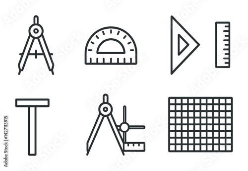 Engineering and architecture line icons set – outline style design and measurement symbols: compass, protractor, triangle, ruler, t-square, grid