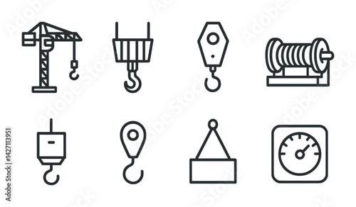 Construction equipment icon set – outline style machinery and tools symbols for building projects, engineering, and site management: crane, hook, pulley, winch, gauge