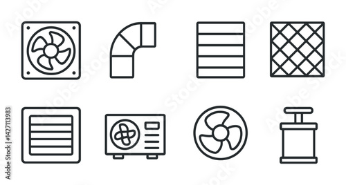 Hvac systems outline icons set – sleek heating, ventilation, and air conditioning symbols for maintenance and repair: fan, duct, vent, filter, unit, pump, grille