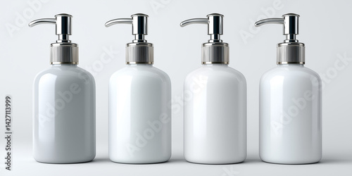 Four white cosmetic bottles with chrome dispensers standing on white background