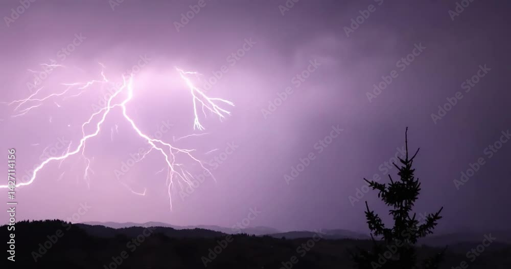 Lightning storm in the night sky at mountain. Multiple lightnings and thunders illuminate night sky and hills with firs
