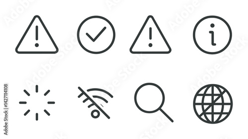 Alert and notification icon set – outline style for warning systems, status indicators, and messaging apps: exclamation mark, checkmark, information, loading, no signal, magnifying glass, globe