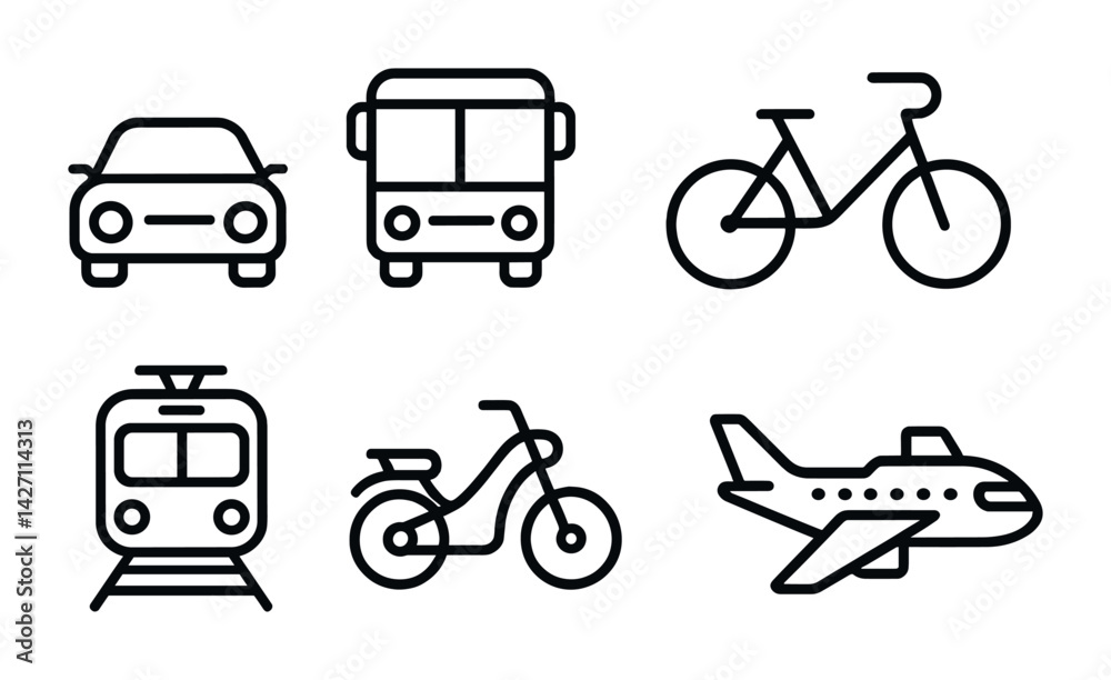 Transportation icon set – line style travel and commute symbols: car, bus, bicycle, train, motorcycle, airplane