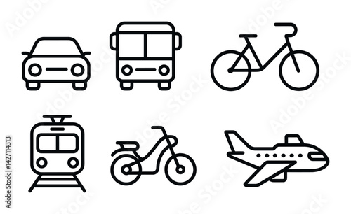 Transportation icon set – line style travel and commute symbols: car, bus, bicycle, train, motorcycle, airplane