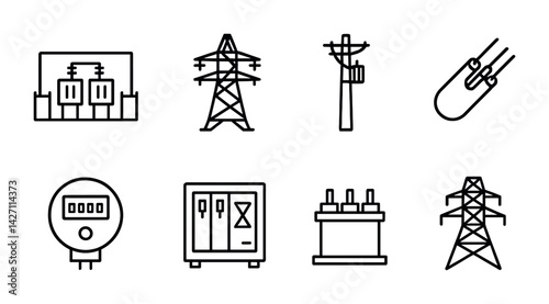 Electrical infrastructure icon set – line style power transmission and utility symbols for energy distribution, grid components, and maintenance: transformer, power lines, meter, cable, pylon,