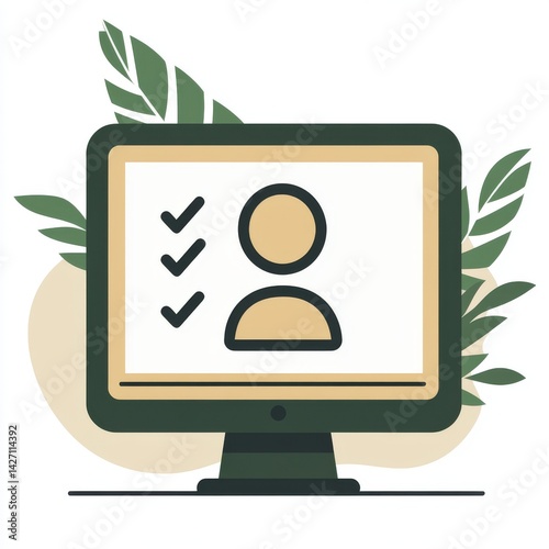 Computer screen displaying a digital profile verification concept featuring checkmarks and a user icon