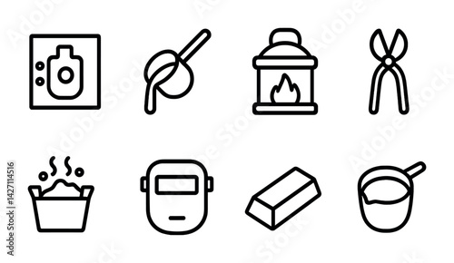 Metallurgy icon set – line style industrial and material processing symbols for crafting and metalwork: smelter, forge, tongs, furnace, ingot, welder, crucible, ladle