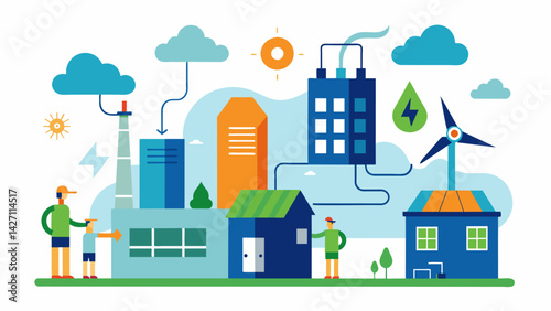 Demonstrations of efficient heating and cooling systems for buildings are also part of the workshop showcasing tingedge technologies that reduce. Vector illustration
