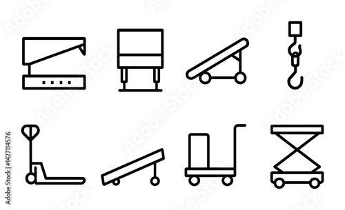 Warehouse equipment icon set – outline style industrial and logistics signs for supply chain and inventory management: conveyor belt, rack, pallet truck, hook, scissor lift