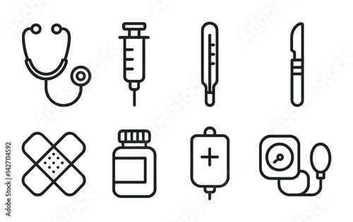Medical equipment icon set – line style healthcare and hospital symbols: stethoscope, syringe, thermometer, scalpel, bandage, medicine bottle, iv bag, blood pressure monitor
