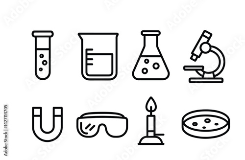 Science laboratory icon set – outline style educational and research symbols for chemistry and biology: test tube, beaker, flask, microscope, magnet, safety goggles, bunsen burner, petri dish