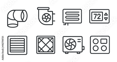 Hvac linear icon set – outline style heating, ventilation, and air conditioning symbols for climate control, temperature regulation, ductwork, thermostat, fan, filter, vents