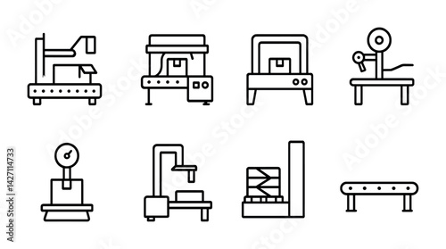 Warehouse equipment outline icon set – industrial tools and machinery symbols in minimalist style for logistics and manufacturing: forklift, conveyor, packaging, scale, pallet jack, crane, machinery
