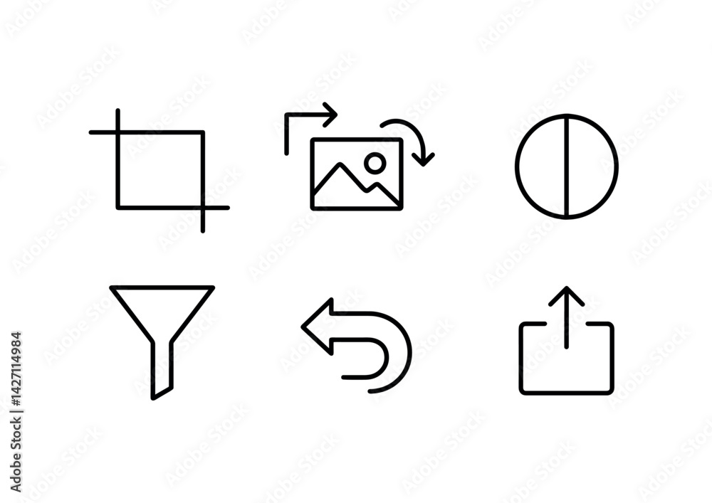 Image editing tools icon set – outline style digital design and photo editing symbols for creative adjustment, retouching, and modification: crop, filter, undo, upload, rotate, gallery, contrast