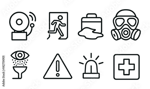 Emergency and safety outline icons set – line style symbols for crisis management, hazard prevention, and alert signage: alarm, evacuation, spill, gas mask, eyewash, caution, siren, first aid