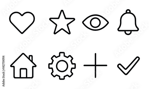 User interface outline icons set – linear style symbols for app and web design, ui elements, and digital interaction: heart, star, eye, bell, house, gear, plus, check