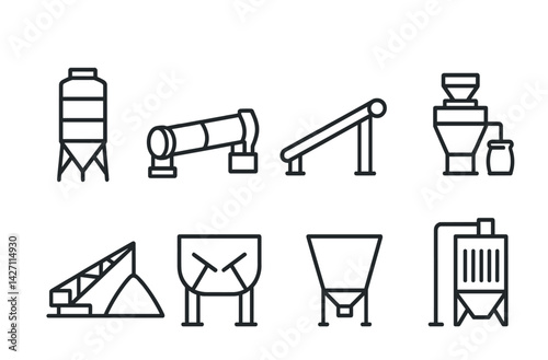 Industrial machinery icon set – outline style engineering and factory equipment symbols: silo, conveyor belt, chute, hopper, storage bin, auger, separator