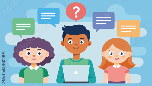 An open forum allows children to ask questions and share any concerns they may have about their online activities.. Vector illustration