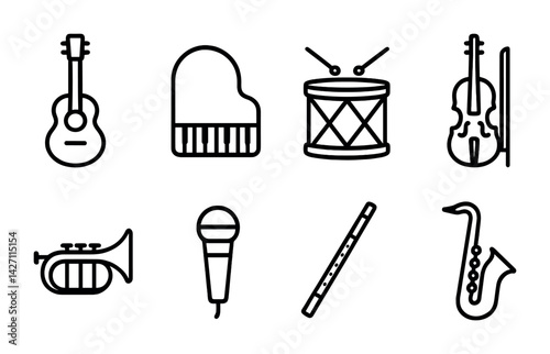 Music instruments icon set – linear style musical instrument symbols for band and orchestra: guitar, piano, drum, violin, trumpet, microphone, flute, saxophone