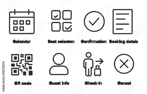 Booking and scheduling icon set – linear style travel and reservation symbols: calendar, seat selection, confirmation, booking details, qr code, guest info, check-in, cancel