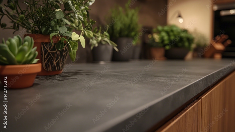 Modern kitchen countertop with potted herbs and succulents. Modern kitchen countertop with potted herbs and succulents.
