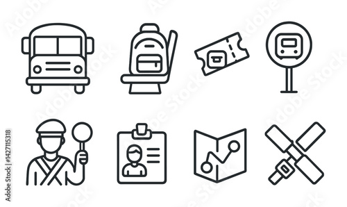 Travel and transportation icon set – linear style public transit and journey symbols for navigation and commuting: bus, backpack, ticket, stop sign, crossing guard, id badge, map, satellite
