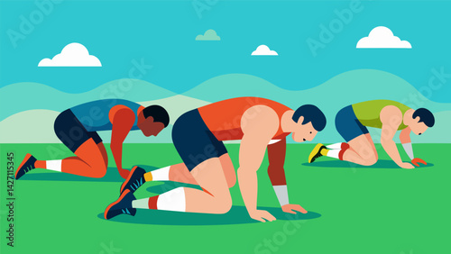 A row of exhausted athletes collapsed in a grassy field having just completed a grueling round of burpees in the Summer CrossFit Games.. Vector illustration