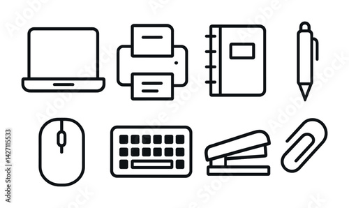 Office supplies icon set – outline style stationery, equipment, and work tools icons: laptop, printer, notebook, pen, mouse, keyboard, stapler, paperclip