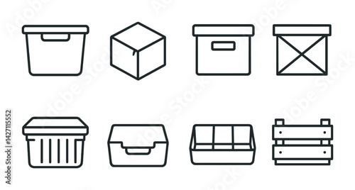Storage container outline icon set – sleek and minimalistic organization symbols for efficient planning, space management, and home storage: bin, box, crate, basket, container, cardboard, plastic,