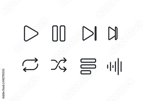 Multimedia controls icon set – outline style media player and audio buttons for digital interface design, music management, and sound control: play, pause, forward, stop, shuffle, repeat, equalizer,