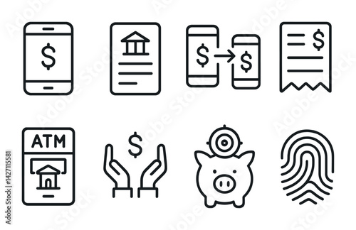 Banking and finance icon set – outline style monetary and transaction symbols for financial services, mobile payments, and online banking: smartphone, document, transaction, receipt, atm, hands,