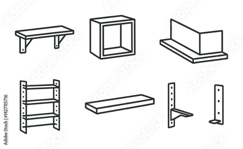 Wall shelf icon set – outline style home organization and storage symbols for interior design and space saving: bookshelves, floating shelf, brackets, cube, corner shelf