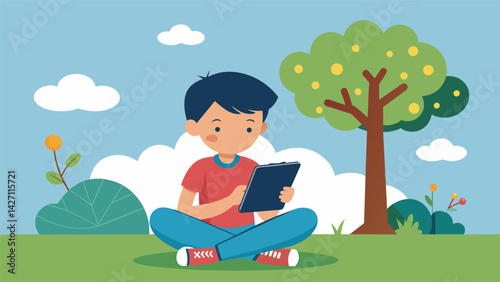 A young boy sat under a tree taking a break from traditional schoolwork and instead learning about science in a visually engaging tabletbased app.. Vector illustration