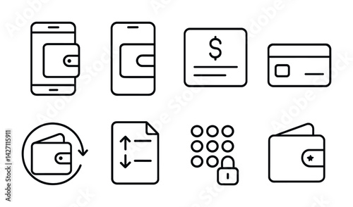 Finance and banking line icons set – outline style money management symbols for payment solutions, budget planning, online banking: wallet, mobile banking, check, credit card, transaction, lock,