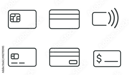 Payment methods icon set – outline style finance and transaction symbols for banking, credit cards, and digital payments: chip card, contactless, magnetic stripe, dollar sign, card swipe