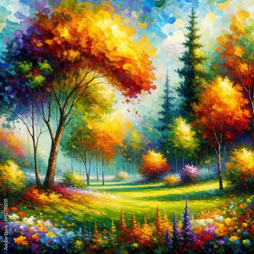 A colorful forest scene bursts with the hues of autumn, showcasing tall pines and foliage in shades of orange, yellow, and red. Sunlight filters through the trees, creating a warm glow,  (Gen, A.I.)