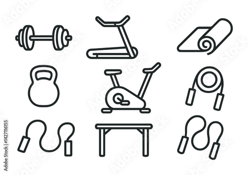 Fitness and gym equipment icon set – outline style workout and exercise symbols for personal training, home gym design, and wellness apps: dumbbell, treadmill, yoga mat, kettlebell, bike