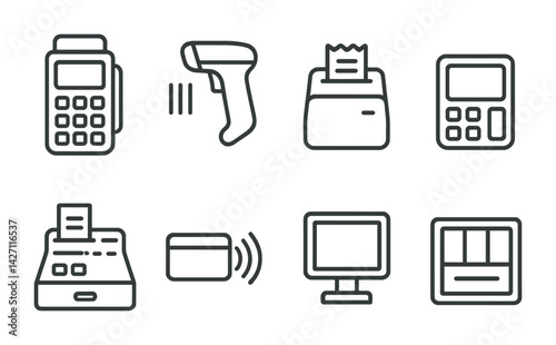 Payment and transactions icon set – outline style finance and commerce symbols for retail, online shopping, and business: credit card, barcode scanner, cash register, receipt, calculator, terminal,