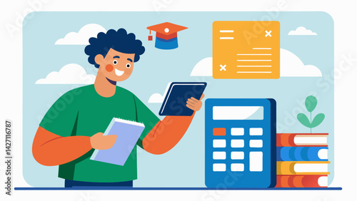 An excited incoming freshman filling out a cost calculator on their new colleges website trying to anticipate their expected expenses for their first. Vector illustration