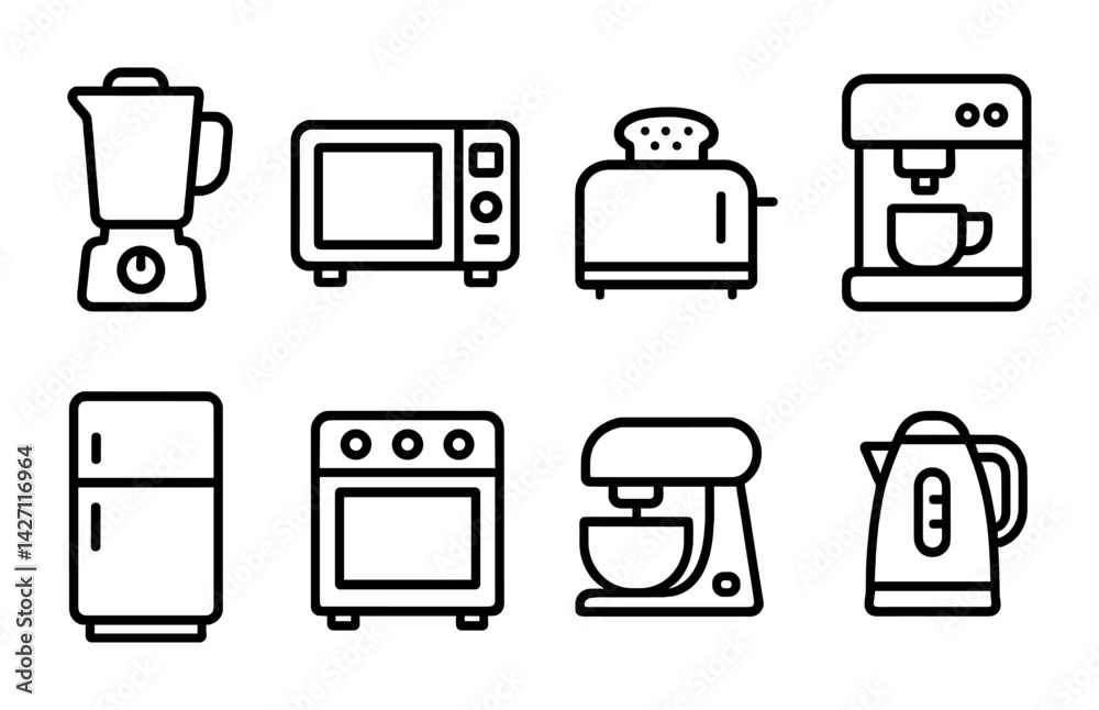 Kitchen appliances icon set – outline style household and cooking equipment symbols for modern home design: blender, microwave, toaster, coffee maker, refrigerator, oven, mixer, kettle