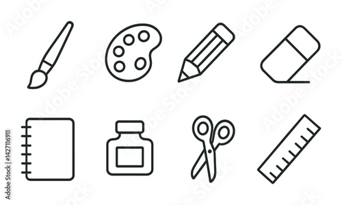 Art and design outline icon set – linear style creative tools and supplies for drawing, painting, and crafting: brush, palette, pencil, eraser, notebook, ink, scissors, ruler