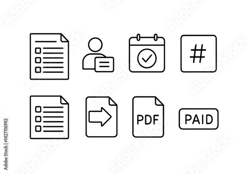 Office task management icon set – outline style productivity and organization symbols for workflow, scheduling, and document handling: checklist, user, calendar, hashtag, arrow, pdf, paid
