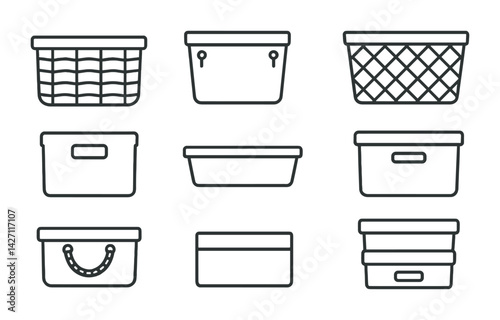 Storage and organization outline icons set – sleek, minimalist symbols for home tidying and arrangement: basket, shelf, box, container, bin, drawer, crate, carton