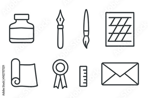 Calligraphy and stationery icon set – outline style writing and office supplies symbols for artistic and professional use: ink bottle, pen nib, paintbrush, paper, ribbon, ruler, envelope
