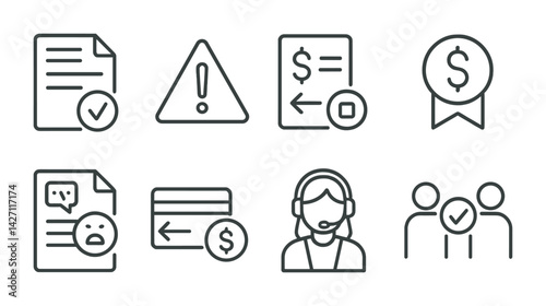 Business and finance icon set – outline style management and accounting symbols for administrative tasks, client interaction, and financial operations: document, alert, invoice, award, chat, payment,