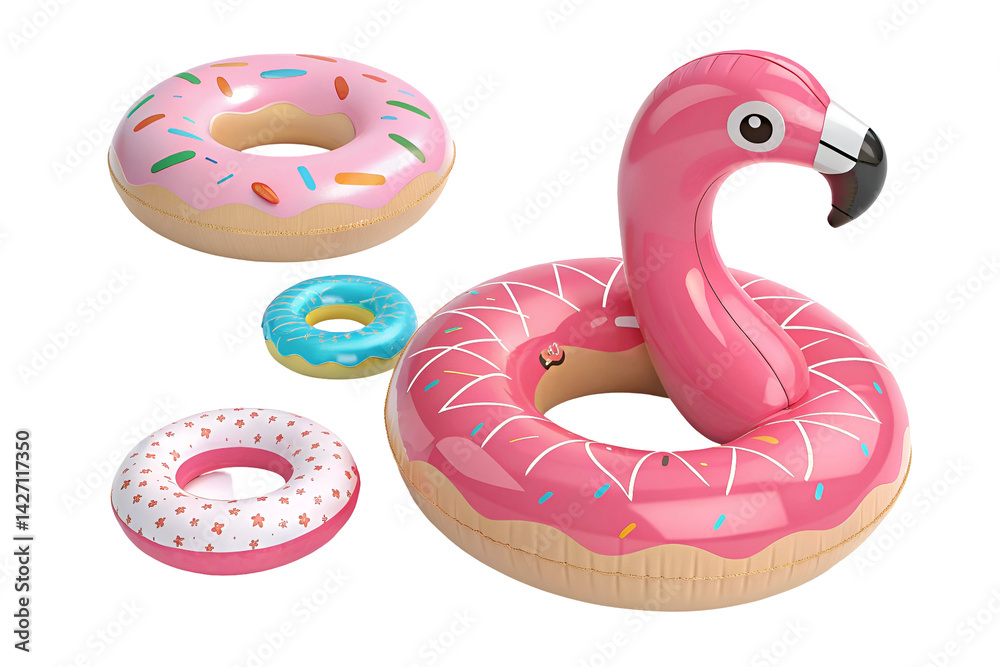 Obraz premium vector illustration of a swimming rings, 3d inflatable swimming rings designs, doughnut and pink flamingo. Realistic pool rubber circle top and side view. Swim lifesaver vector set. Ring inflatable 
